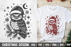 Gothic Christmas Owl SVG design featuring a mystical owl in a Santa hat with snowflakes, stars, moon, and pine branch. Perfect for gothic holiday crafts, t-shirts, mugs, cards, and home decor.