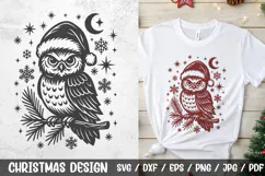 Gothic Christmas Owl SVG design featuring a mystical owl in a Santa hat with snowflakes, stars, moon, and pine branch. Perfect for gothic holiday crafts, t-shirts, mugs, cards, and home decor.