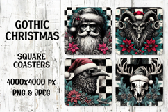 Gothic Christmas coasters featuring a Gothic Santa, Krampus, raven with Santa hat, and stag skull with wreath. Perfect for sublimation, crafts, and alternative holiday decor.