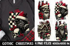 Edgy Gothic Christmas sublimation bundle with 4 distressed designs: skull Santa with poinsettia, raven with skull on checker grunge, haunted cabin with skulls, and chains-wielding Krampus—perfect for black shirts, hoodies, mugs, posters, ornaments, and al