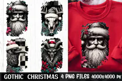 Gritty Gothic Christmas sublimation pack with 4 distressed designs: vintage Santa portrait, stag skull in Santa hat, raven with plaid backdrop, and Krampus with poinsettias—perfect for black tees, hoodies, mugs, posters, ornaments, and alternative holiday