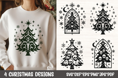 Gothic Christmas sweatshirt with ornamental tree design and three extra dark tree SVG graphics including skull tree and stained-glass windows.