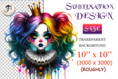 Creepy-cute clown girl with colorful hair, dramatic makeup, and royal accessories. Elegant and eerie character for Halloween or circus-themed designs.