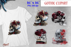 Floral skull with stack of books clipart, gothic floral PNG Product Image 1