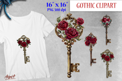 Gothic clipart, vintage gold key clipart with red roses PNG Product Image 1