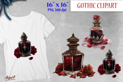 Gothic clipart, watercolor vintage ink jar and red roses PNG Product Image 1