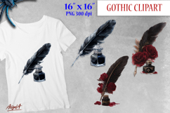 Gothic clipart, watercolor feather ink jar with red rose PNG Product Image 1