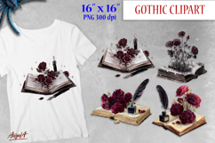 Retro open book clipart with feather, ink, red roses PNG Product Image 1