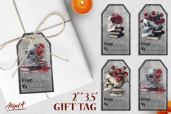Book lover gift tags, gothic floral skull on stack of books Product Image 1