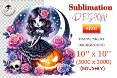 Watercolor gothic clipart of a girl with a pumpkin and roses. Perfect for Halloween designs, stickers, and printing. PNG, 300 DPI.