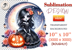 Watercolor gothic clipart of a girl with a pumpkin and roses. Perfect for Halloween designs, stickers, and printing. PNG, 300 DPI.