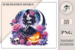 Watercolor gothic clipart of a girl with a pumpkin and roses. Perfect for Halloween designs, stickers, and printing. PNG, 300 DPI.