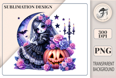 Watercolor gothic clipart of a girl with a pumpkin and roses. Perfect for Halloween designs, stickers, and printing. PNG, 300 DPI.