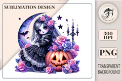 Watercolor gothic clipart of a girl with a pumpkin and roses. Perfect for Halloween designs, stickers, and printing. PNG, 300 DPI.