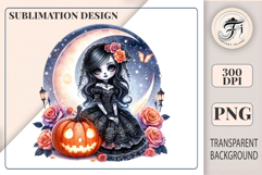 Watercolor gothic clipart of a girl with a pumpkin and roses. Perfect for Halloween designs, stickers, and printing. PNG, 300 DPI.