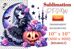 Watercolor gothic clipart of a girl with a pumpkin and roses. Perfect for Halloween designs, stickers, and printing. PNG, 300 DPI.