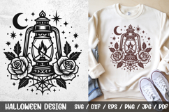 Gothic Halloween Oil Lantern SVG – a detailed black and white vintage lantern design decorated with roses, crescent moon, stars, and cobwebs. Perfect for gothic Christmas and Halloween crafts, t-shirts, mugs, tote bags, stickers, and home decor.