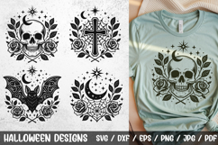 Dark and gothic Halloween SVG featuring skull with roses, gothic cross with spiderweb, spooky bat, and crescent moon in web. Perfect for Cricut and Silhouette projects: gothic shirts, tattoos, mugs, stickers, home decor, and spooky crafts.