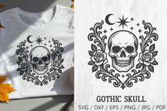 Gothic Halloween design featuring a skull with roses, moon, stars, and ornate details. Perfect for dark aesthetic, witchy crafts, gothic apparel, and Halloween decorations.