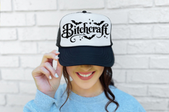 Trendy spooky season SVG with gothic lettering and bat illustrations designed for apparel, tote bags, mugs, and decor.