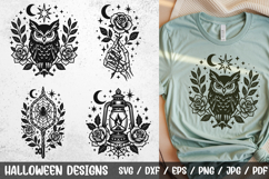 Halloween gothic SVG Cut Files – owl, skeleton hand with rose, lantern and vintage key in dark retro style. Perfect for Halloween, gothic design, spooky decorations, t-shirt prints, posters, and mystical art. Includes moon, stars, and floral elements.