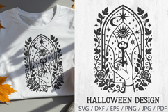Gothic Hand with Key Stained Glass Halloween SVG – mystical witchy design featuring a hand holding a vintage key, all-seeing eye, crescent moon, stars, roses, and ornate stained glass frame. Perfect for Halloween crafts, gothic t-shirts, tote bags, mugs, 