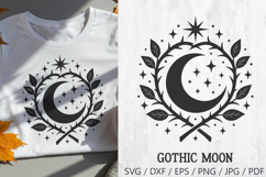 Mystical gothic crescent moon surrounded by stars and leaves. Perfect for Halloween crafts, witchy designs, tattoos, gothic apparel, spooky invitations, and occult decor.