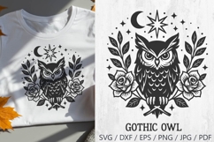 Gothic Owl SVG – vector illustration of a mystical owl with moon, stars, and roses. Perfect for Halloween decor, gothic tattoos, witchcraft projects, spooky shirts, mugs, stickers, posters, and occult art.