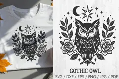 Gothic Owl SVG – vector illustration of a mystical owl with moon, stars, and roses. Perfect for Halloween decor, gothic tattoos, witchcraft projects, spooky shirts, mugs, stickers, posters, and occult art.