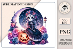 Watercolor gothic clip art of a skeleton girl with roses and a pumpkin. Perfect for Halloween designs and printing. PNG, 300 DPI.