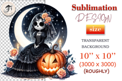 Watercolor gothic clip art of a skeleton girl with roses and a pumpkin. Perfect for Halloween designs and printing. PNG, 300 DPI.