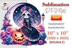 Watercolor gothic clip art of a skeleton girl with roses and a pumpkin. Perfect for Halloween designs and printing. PNG, 300 DPI.