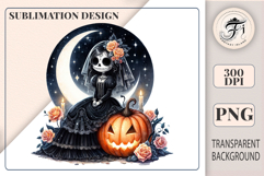 Watercolor gothic clip art of a skeleton girl with roses and a pumpkin. Perfect for Halloween designs and printing. PNG, 300 DPI.