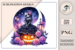 Watercolor gothic clip art of a skeleton girl with roses and a pumpkin. Perfect for Halloween designs and printing. PNG, 300 DPI.