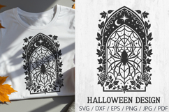 Gothic Spider Stained Glass Halloween SVG – creepy gothic design with a spider in the center of a stained glass style window. Surrounded by a spider web, crescent moon, stars, roses, ivy, and decorative frame details. Perfect for Halloween crafts, gothic 