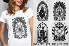 Gothic Stained Glass Halloween svg cut files — a spooky 4 black and white stained glass illustrations: ghost with candle, spider in web, haunted house, and skull with pumpkins. Perfect for Halloween t-shirts, tote bags, mugs, wall art, cards, stickers, an