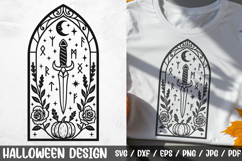 Gothic stained glass style Halloween sword design with crescent moon, mystical runes, pumpkin, roses, and stars. Perfect for spooky crafts, gothic shirts, Halloween décor, and magical projects.