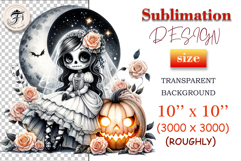 Gothic sugar skull bride with moon, pumpkin, and roses — perfect clipart for Halloween, dark romance, and spooky wedding designs.