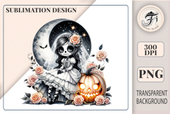 Gothic sugar skull bride with moon, pumpkin, and roses — perfect clipart for Halloween, dark romance, and spooky wedding designs.