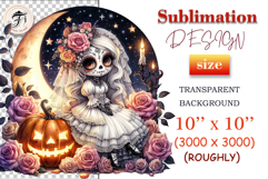 Gothic sugar skull bride with moon, pumpkin, and roses — perfect clipart for Halloween, dark romance, and spooky wedding designs.