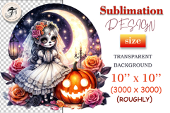 Gothic sugar skull bride with moon, pumpkin, and roses — perfect clipart for Halloween, dark romance, and spooky wedding designs.