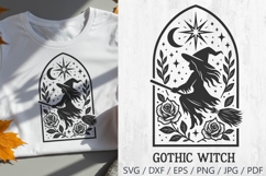 Gothic Witch SVG – vector silhouette of a witch flying on a broom inside a gothic arch, decorated with roses, moon, and stars. Great for Halloween crafts, tattoos, gothic projects, witchy shirts, mugs, stickers, posters, and spooky home decor.