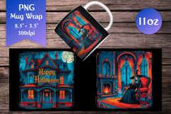 Gothic Witch with Black Cat. This mug wrap design is ideal for Halloween lovers who want to create dramatic and atmospheric mugs for the spooky season.