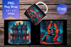Gothic Witch with Black Cat. This mug wrap design is ideal for Halloween lovers who want to create dramatic and atmospheric mugs for the spooky season.