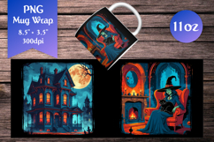 Gothic Witch with Black Cat. This mug wrap design is ideal for Halloween lovers who want to create dramatic and atmospheric mugs for the spooky season.