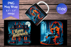 Gothic Witch with Black Cat. This mug wrap design is ideal for Halloween lovers who want to create dramatic and atmospheric mugs for the spooky season.