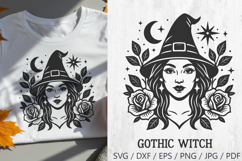 Elegant gothic witch illustration with pointed hat, roses, moon, and stars. Perfect for Halloween crafts, witchy tattoos, gothic stickers, spooky apparel, occult prints, and mystical home decor.