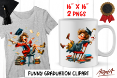 Graduation clipart Happy girl with cap, diploma, book stack Product Image 1