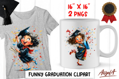 Graduation clipart Happy girl with cap, diploma, confetti Product Image 1