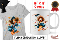 Graduation clipart Happy girl with cap, diploma, confetti Product Image 1